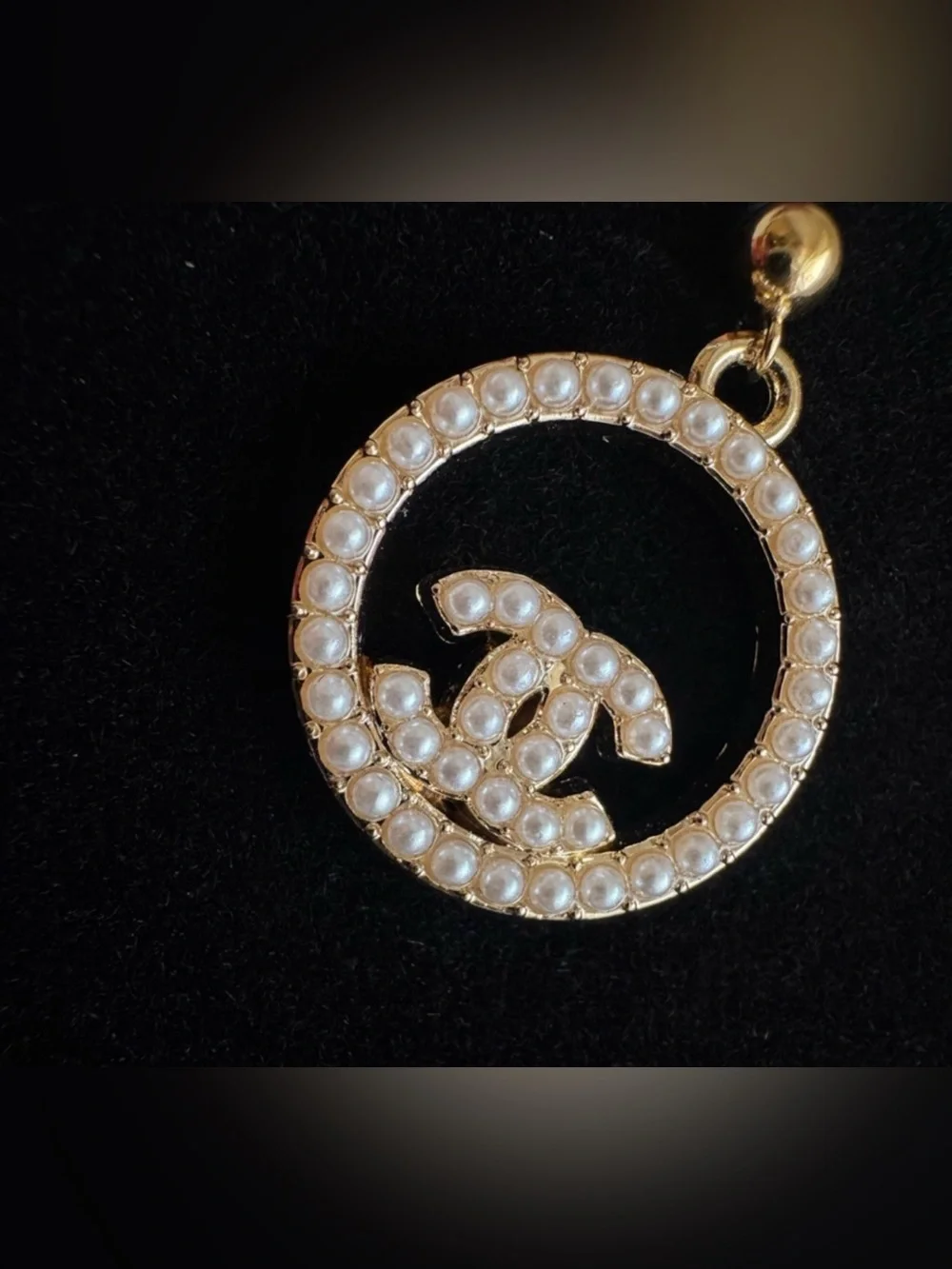 CHANEL Gold-Tone Pearl CC Circle Drop Earrings Authentic